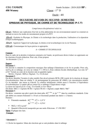 Première page de PCT 1ère D — Évaluation sommative, 2e semestre (2019-2020) · CEG Tankpè