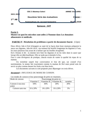Première page de SVT 1ère A & B — 2e évaluation sommative, 2e semestre (2021-2022) · CEG2 ABOMEY - CALAVI (CEG ZOCA)