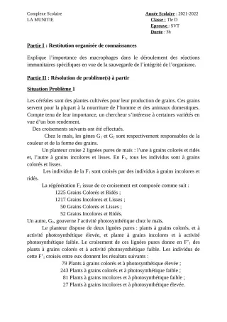 Première page de Devoir surveillé de SVT — Tle D — CPEG La Minutie (2021)