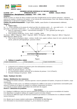 Première page de PCT 5e — Devoir surveillé, 2e semestre (2022-2023) · CEG SEKERE