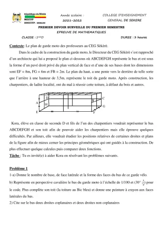 Première page de Mathématiques 2nde D — 1er devoir surveillé, 1er semestre (2021-2022) · CEG SEKERE