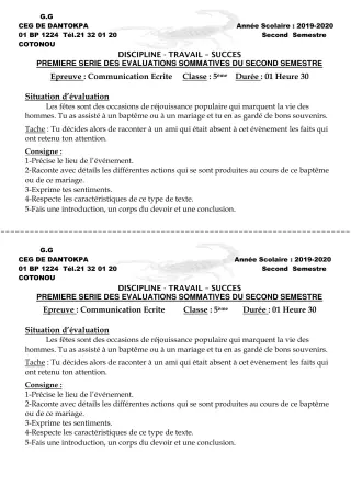 Première page de Français 5e — 1re évaluation sommative, 2e semestre (2019-2020) · CEG Dantokpa