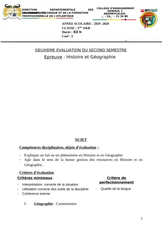 Première page de Histoire-Géographie 2nde A & B, 2nde A1, 2nde A2, 2nde B — 2e semestre (2019-2020) · CEG1 Abomey-Calavi