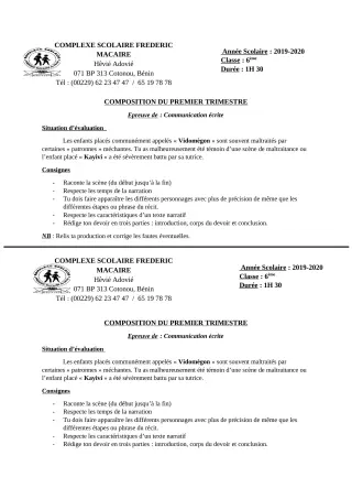 Première page de Français 6e, 5e, 4e — Composition, 1er trimestre (2019-2020) · CPEG Frédéric Macaire
