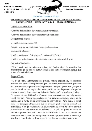 Première page de Philosophie 2nde A1, 2nde B, 2nde C, 2nde D, 1ère A2, 1ère B, 1ère C, 1ère D, Tle A1, Tle A2, Tle B, Tle C, Tle D — 1re évaluation sommative, 1er semestre (2019-2020) · CEG Dantokpa
