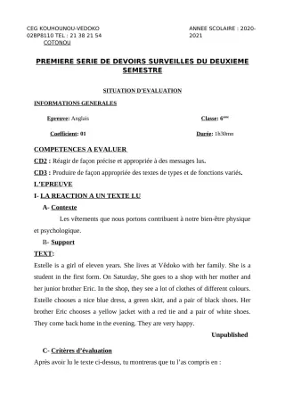 Première page de Anglais 6e — 1er devoir surveillé, 2e semestre (2020-2021) · CEG Kouhounou-Vêdoko
