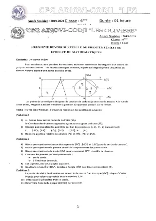 Première page de Mathématiques 6e — 2e devoir surveillé, 1er semestre (2019-2020) · CEG ADJOVICODJI 'LES OLIVIERS'