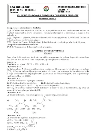 Première page de PCT 6e, 5e, 4e, 3e, 2nde C, 2nde D, 1ère C, 1ère D, Tle C, Tle D — Devoir surveillé (2020-2021) · CEG SURU-LERE