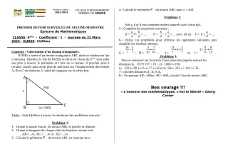 Première page de Mathématiques 6e — 1er devoir surveillé, 2e semestre (2022-2023) · CEG SEKERE