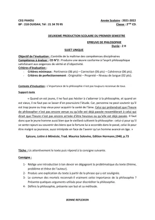 Première page de Philosophie 2nde C, 2nde D — 2e production scolaire, 1er semestre (2021-2022) · CEG PAHOU