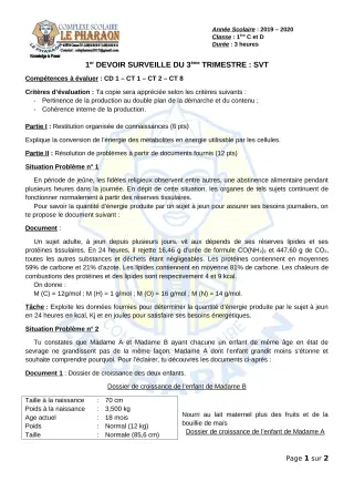 Première page de SVT 1ère C, 1ère D — 1er devoir surveillé, 3e trimestre (2019-2020) · CPEG LE PHARAON