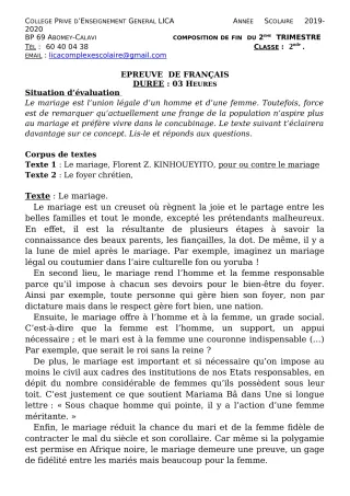 Première page de Français 2nde A2, 2nde B, 2nde C, 2nde D — 1re composition, 2e trimestre (2019-2020) · CPEG LICA