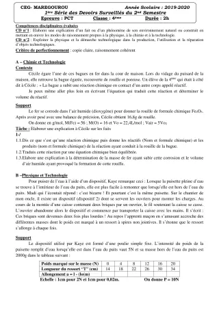 Première page de PCT 4e — 1er devoir surveillé, 2e semestre (2019-2020) · CEG MAREGOUROU
