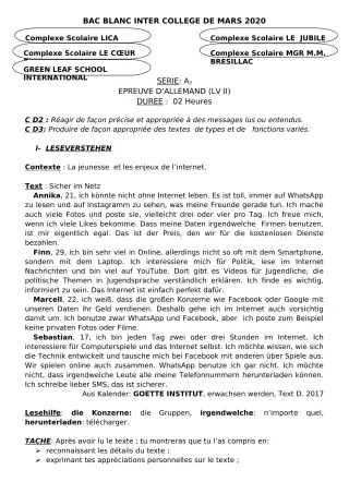 Première page de Examen Blanc de ALLEMAND — Tle A2, Tle B — CPEG LICA (2019)