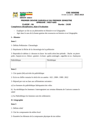 Première page de Histoire-Géographie 6e — 1er devoir surveillé, 1er semestre (2022-2023) · CEG SEKERE
