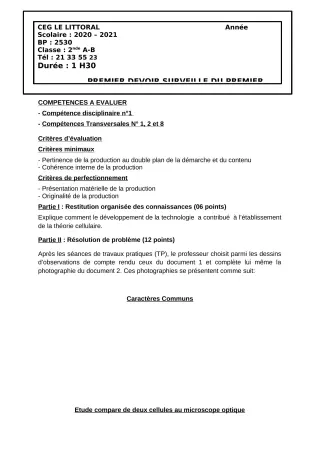 Première page de SVT 2nde A, 2nde A2, 2nde B — 1er devoir surveillé (2020-2021) · CEG Le Littoral