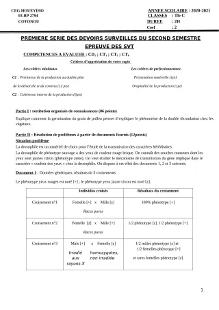 Première page de SVT Tle C — 1er devoir surveillé, 2e semestre (2020-2021) · CEG HOUEYIHO