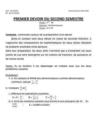 Première page de Mathématiques 2nde A & B, 2nde A1, 2nde A2, 2nde B — Composition, 2e semestre (2019-2020) · CEG Attogon