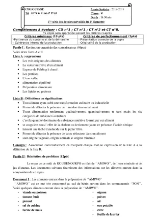 Première page de SVT 6e — 1er devoir surveillé, 1er semestre (2019-2020) · Ceg OUESSE