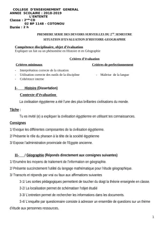 Première page de Histoire-Géographie 2nde C, 2nde D — 1er devoir surveillé, 2e semestre (2018-2019) · CEG L'Entente