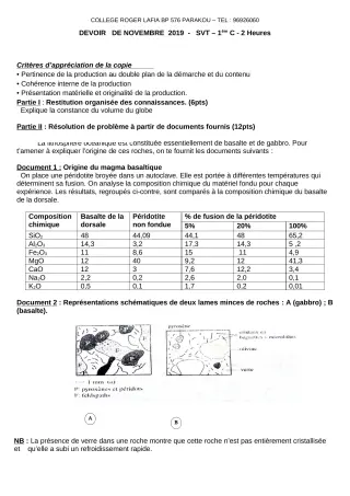 Première page de SVT 1ère C — Composition (2019-2020) · CPEG Roger LAFIA