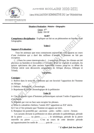 Première page de Histoire-Géographie 6e, 5e, 4e, 3e, 2nde A2, 2nde B, 2nde D, 1ère A2, 1ère B, 1ère D, Tle A2, Tle B, Tle D — 1re évaluation sommative, 1er trimestre (2021-2022) · CPEG SAINTE MIREILLE