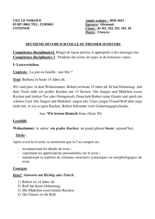 Première page de Allemand 4e, 4e ML — 2e devoir surveillé, 1er semestre (2020-2021) · CEG LE NOKOUE
