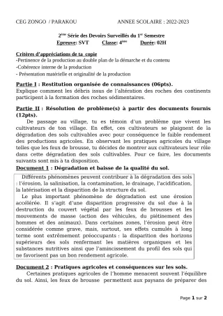 Première page de SVT 4e — 2e devoir surveillé, 1er semestre (2022-2023) · CEG ZONGO