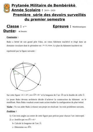 Première page de Mathématiques 4e — 1er devoir surveillé, 1er semestre (2019-2020) · PMB