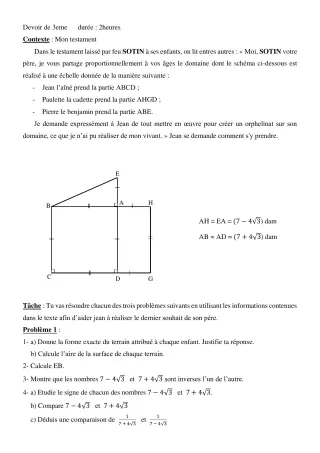Première page de Mathématiques 3e — Devoir surveillé (2021-2022) · CEG PAHOU