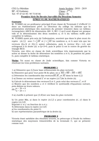 Première page de Mathématiques 2nde C — 1er devoir surveillé, 2e semestre (2018-2019) · CEG Le Méridien