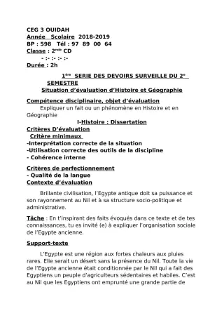 Première page de Histoire-Géographie 2nde C, 2nde D — 1er devoir surveillé, 2e semestre (2018-2019) · CEG3 OUIDAH