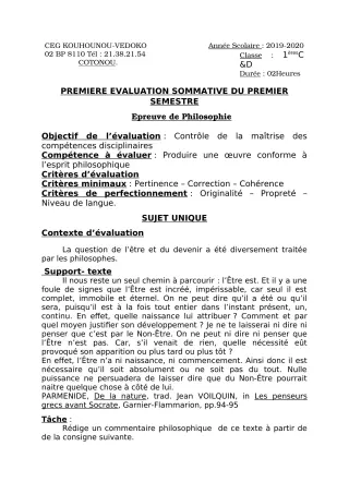 Première page de Philosophie 1ère C, 1ère D — 1re évaluation sommative, 1er semestre (2019-2020) · CEG Kouhounou-Vêdoko