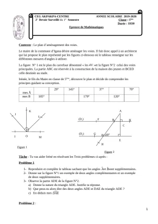 Première page de Mathématiques 5e — 2e devoir surveillé, 1er semestre (2019-2020) · CEG 1 Akpakpa-Centre