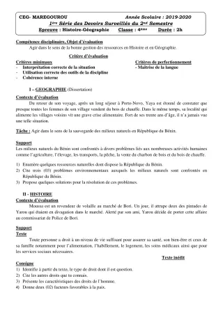 Première page de Histoire-Géographie 4e ML&MC — 1er devoir surveillé, 2e semestre (2019-2020) · CEG MAREGOUROU