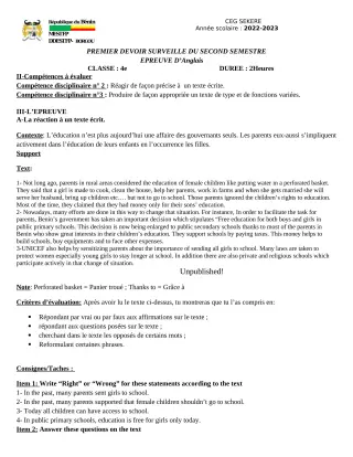 Première page de Anglais 4e — 1er devoir surveillé, 2e semestre (2022-2023) · CEG SEKERE