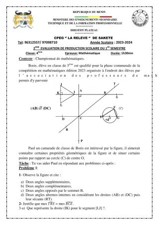 Première page de Mathématiques 5e — 2e production scolaire, 1er semestre (2023-2024) · CPEG LA RELEVE