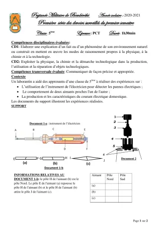 Première page de PCT 5e — 1er devoir surveillé, 1er semestre (2020-2021) · PMB