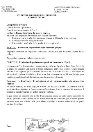 Première page de SVT 2nde A, 2nde A1, 2nde A2 — 2e devoir surveillé, 1er semestre (2019-2020) · CEG Yagbe