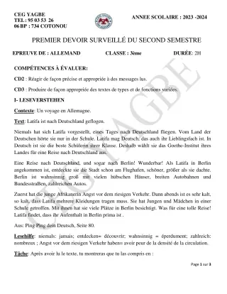 Première page de Allemand 3e — 1er devoir surveillé, 2e semestre (2023-2024) · CEG Yagbe