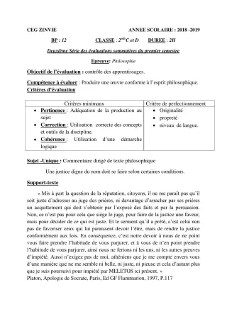 Première page de Philosophie 2nde C, 2nde D — 2e évaluation sommative, 1er semestre (2018-2019) · CEG Zinvié