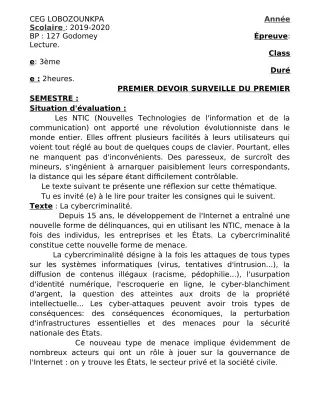 Première page de Français 3e, 3e ML — 1er devoir surveillé, 1er semestre (2019-2020) · CEG Lobozounkpa