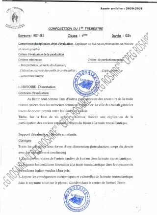 Première page de Histoire-Géographie 4e — 1re composition, 1er trimestre (2020-2021) · CPEG ROSAIRE
