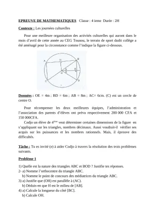 Première page de Devoir surveillé de MATHS GENE — 4e — CEG Sainte Rita (2020)