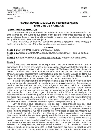 Première page de Français 1ère A2, 1ère B, 1ère C, 1ère D — 1er devoir surveillé, 1er semestre (2019-2020) · CEG du Lac
