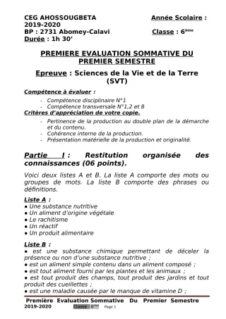 Première page de SVT 6e — 1re évaluation sommative, 1er semestre (2019-2020) · CEG Ahossougbéta