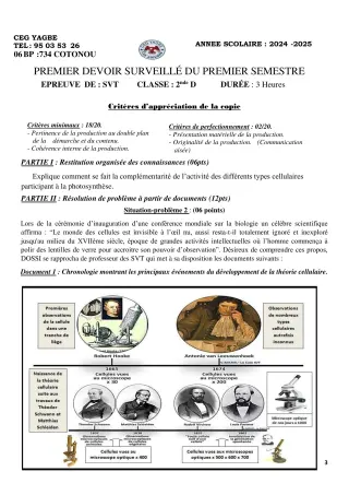Première page de SVT 2nde D — 1er devoir surveillé, 1er semestre (2024-2025) · CEG Yagbe