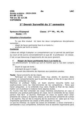 Première page de Espagnol 3e ML — 1er devoir surveillé, 1er semestre (2019-2020) · CEG du Lac