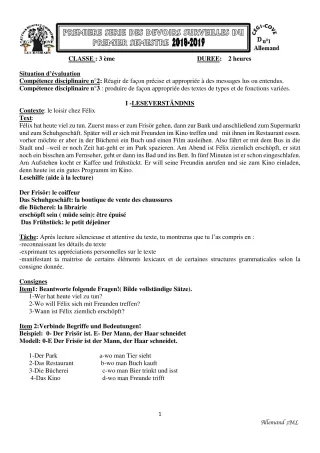 Première page de Allemand 3e ML — 1er semestre (2018-2019) · CEG1 Covè