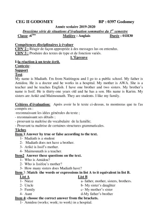 Première page de Anglais 6e — Évaluation sommative, 1er semestre (2019-2020) · CEG2 Godomey